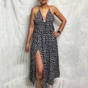 Blush J Navy Floral Strappy Side Slit Maxi Dress Sz S